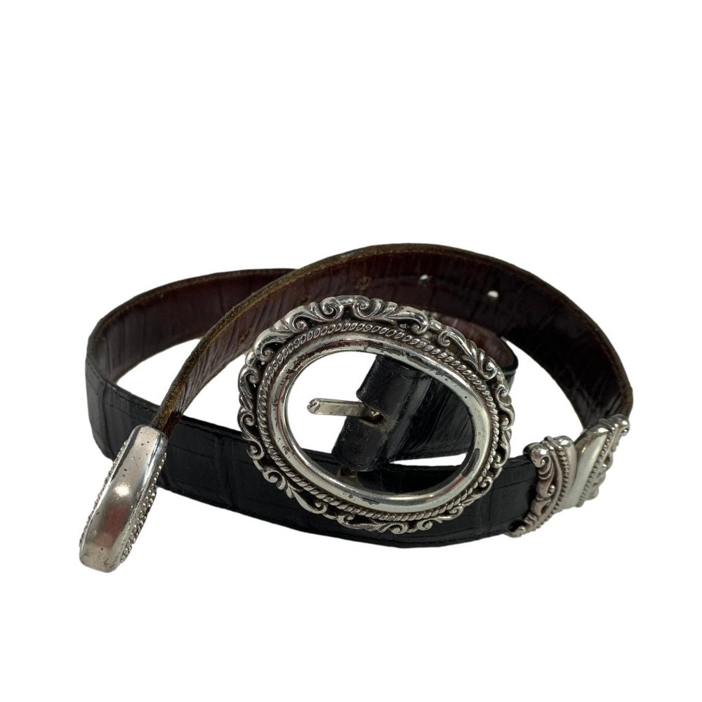 Womens Reversible Black Brown Belt Silver Colored Metal Details Size Small